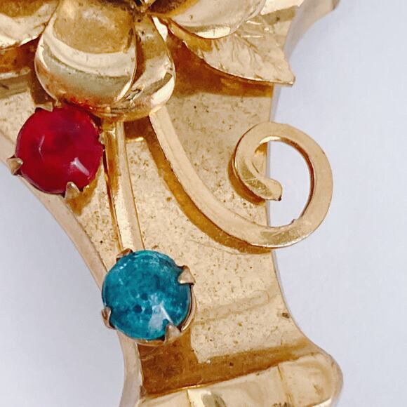 VTG 1940s Mid Century Brooch Pendant Convertible Red Blue Rhinestones Gold Tone - Picture 4 of 11
